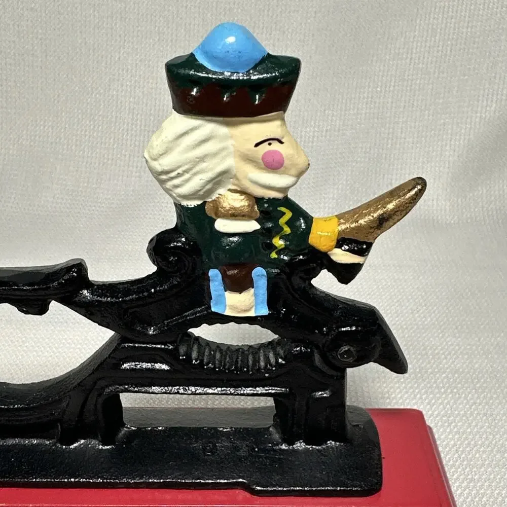 Vintage Cast Iron Soldier Nutcracker Mounted On Red Wooden Base Nut Cracker